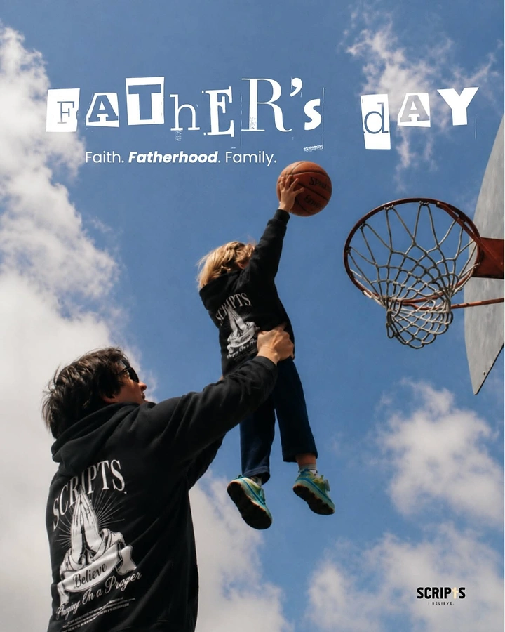 Father's Day creative ad: Father lifting child to dunk a basketball