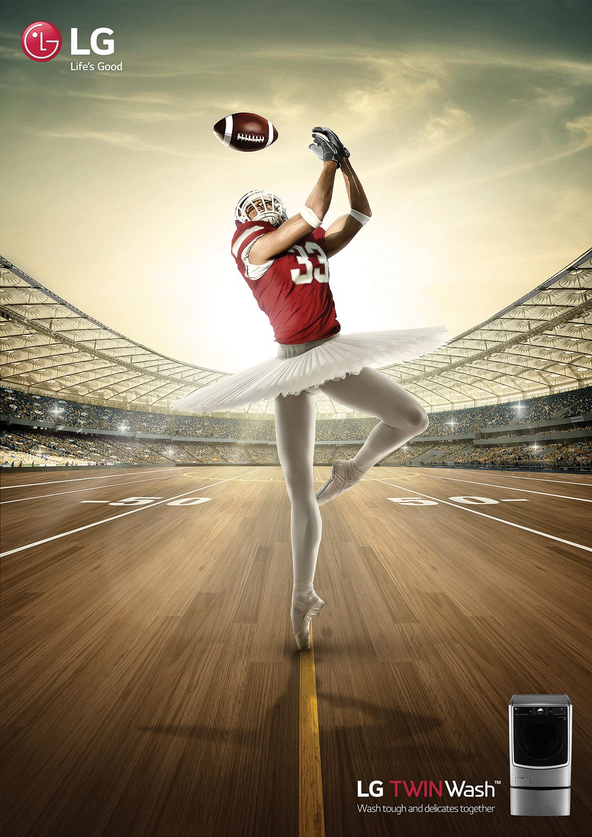 Poster: Football player in a tutu en pointe catching a ball in a stadium