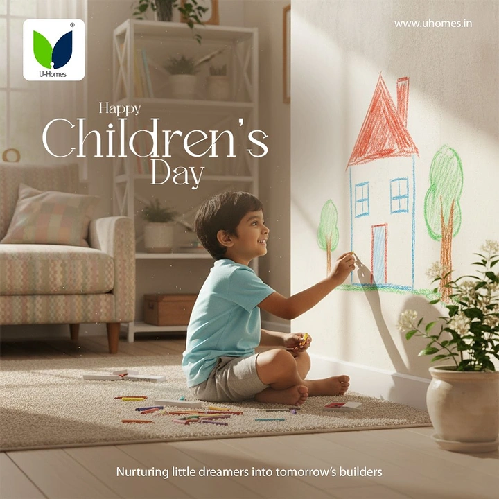 Children's Day creative ad: Boy sitting on rug drawing a crayon house on a wall