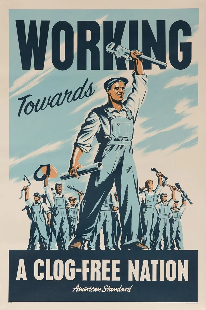 Plumbers creative ad: Propaganda poster pastiche, 'Clog-Free Nation' pun