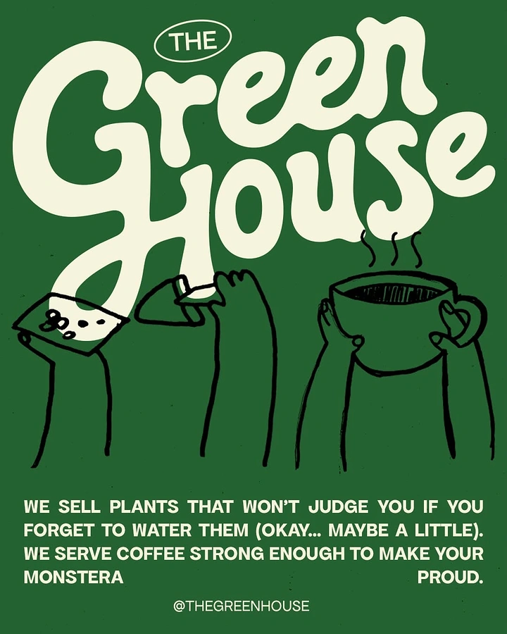 Plant Shops & Nurseries creative ad: Groovy wordmark flowing from hand-drawn arms holding phone and coffee cup