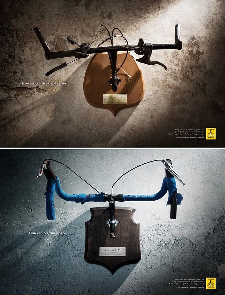 Nonprofit & Social Cause creative ad: Bike handlebars mounted like hunting trophies