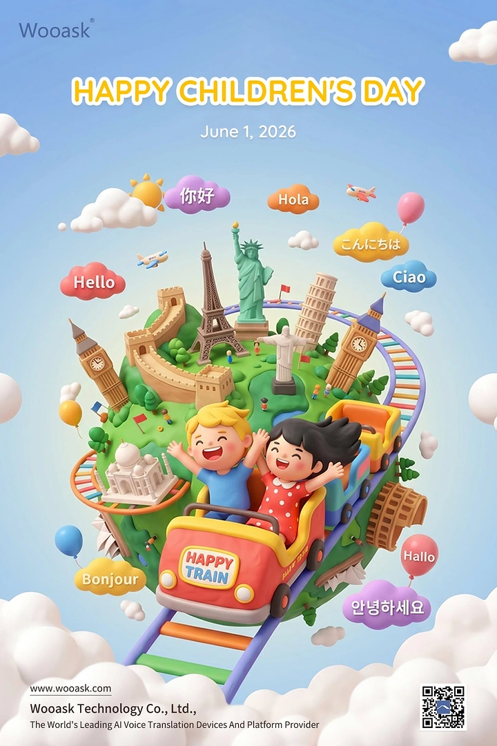 Children's Day creative ad: Kids riding a toy train around a mini globe of world landmarks