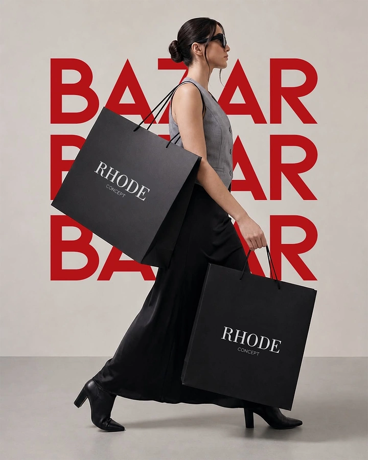 Creative ad: Woman in side profile walking with two black shopping bags