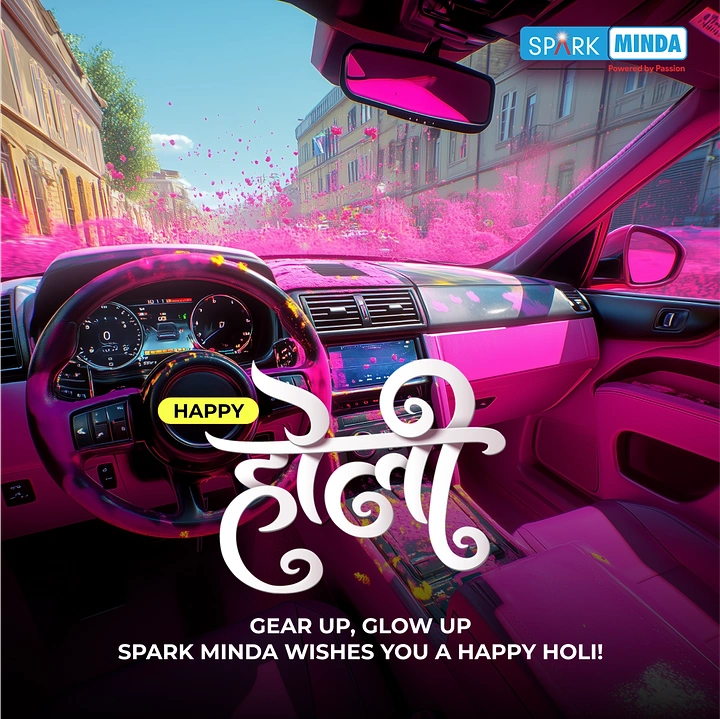 Holi creative ad: Car interior drenched pink, 'gear up'