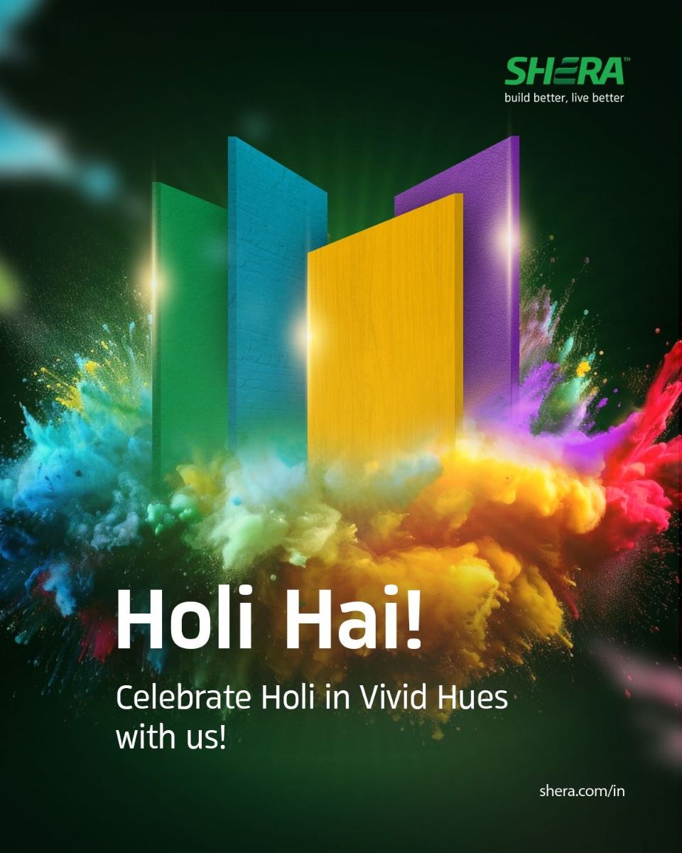 Holi Instagram post: Coloured building boards rising from a Holi powder explosion