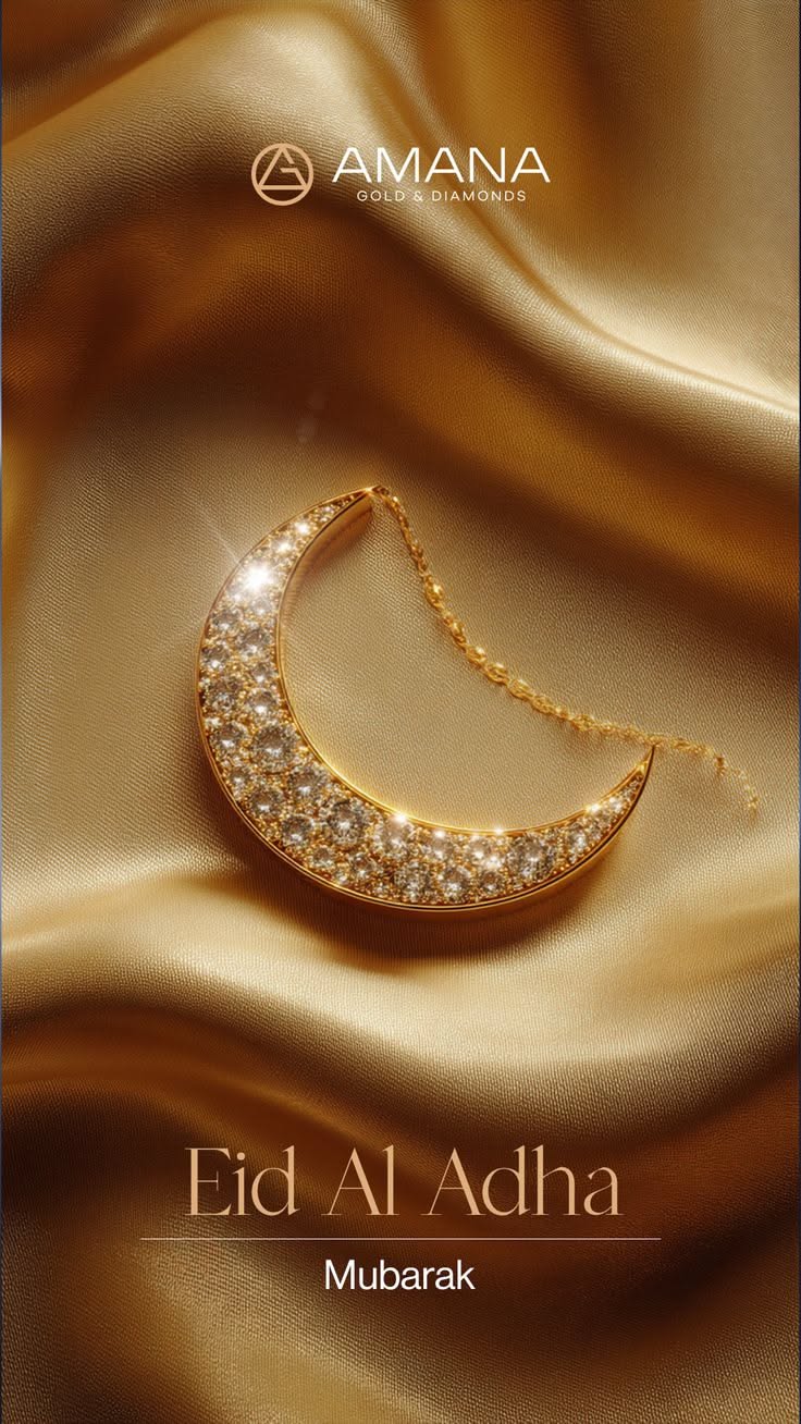 Eid Story: Diamond-encrusted gold crescent pendant on gold satin