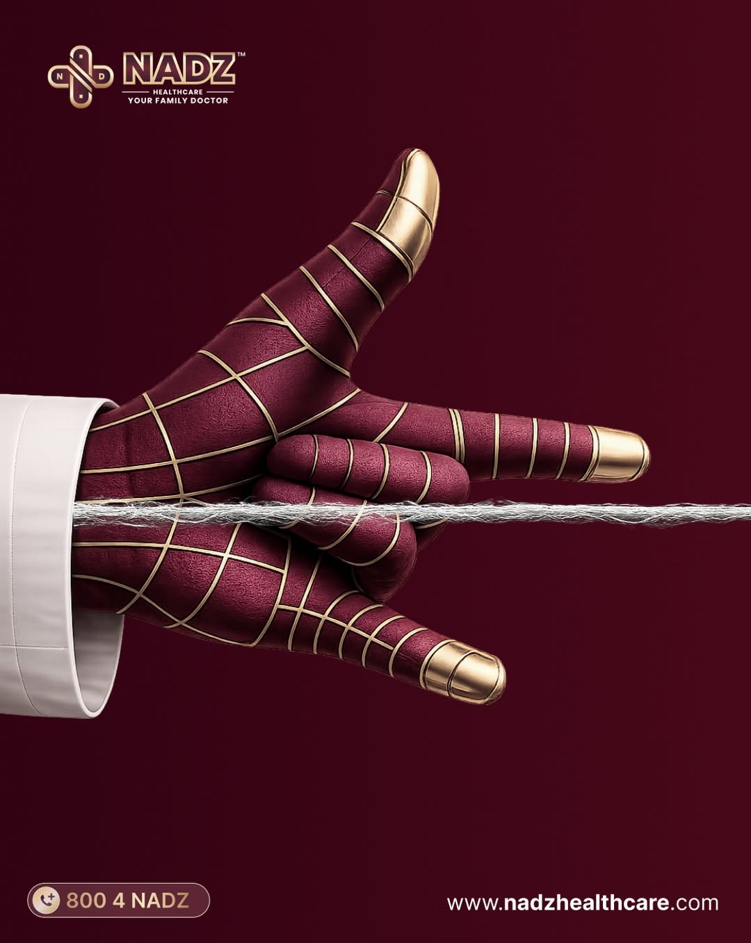 Carousel: Doctor's hand in a maroon-and-gold spider-suit glove shooting a web, slide 1