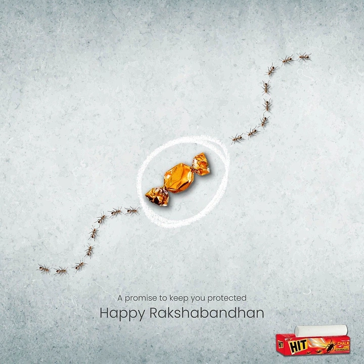 Raksha Bandhan creative ad: Gold-foil toffee inside a chalk circle, with ant trails forming a rakhi