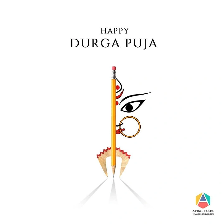 Durga Puja creative ad: Pencil and shavings forming a trishul with half a Durga face