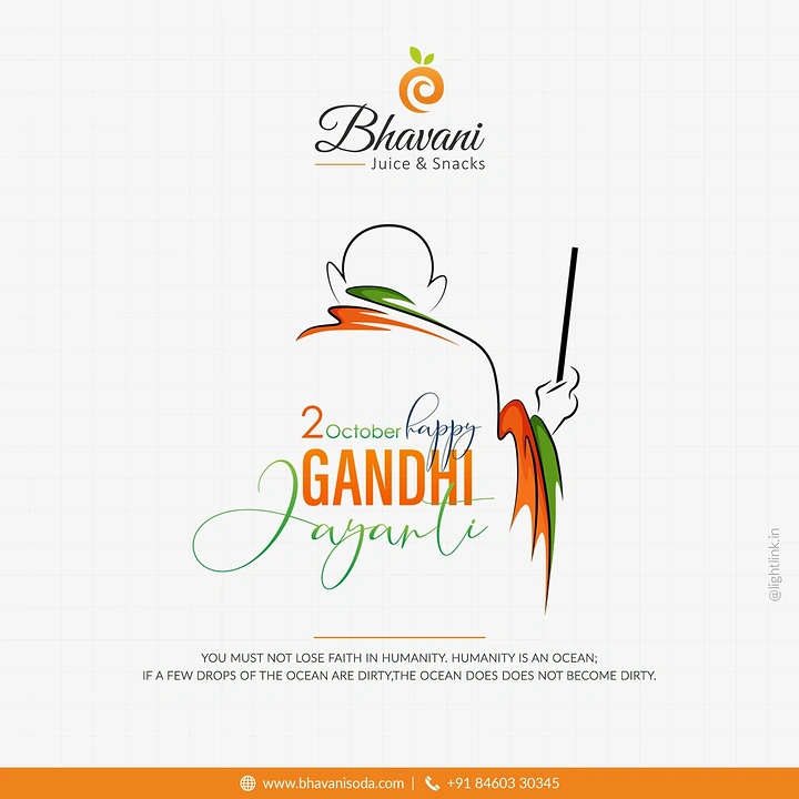 Gandhi Jayanti creative ad: Minimal line-art Gandhi with tricolour shawl strokes