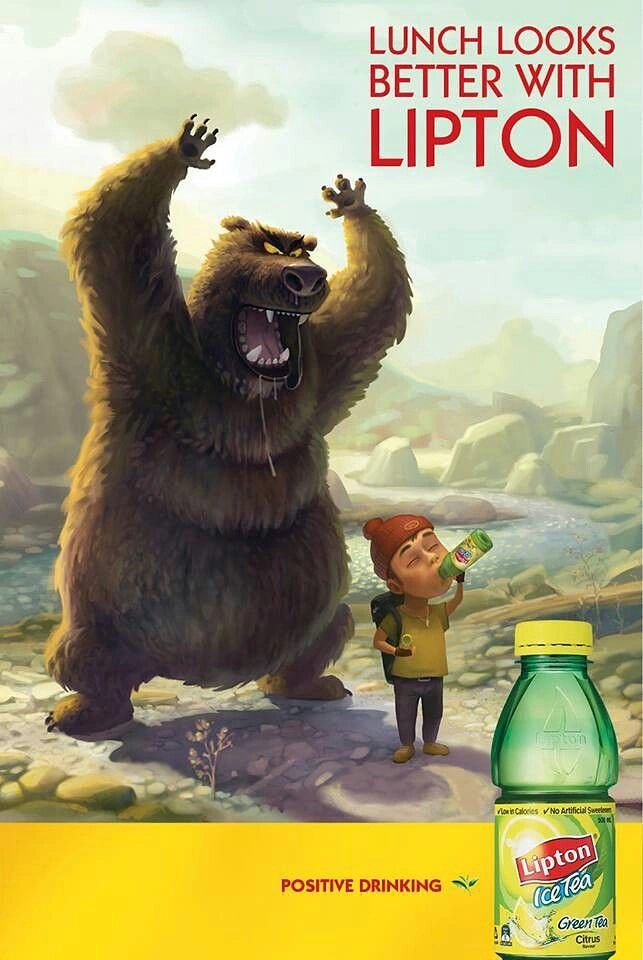 Tea & Chai Brands creative ad: Illustrated bear scare, lunch humour