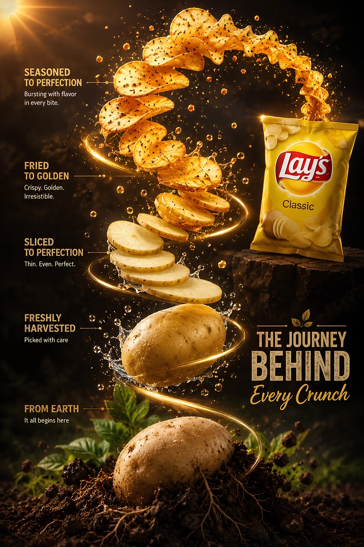 Snacks & Namkeen Brands creative ad: Potato-to-chip journey spiral story