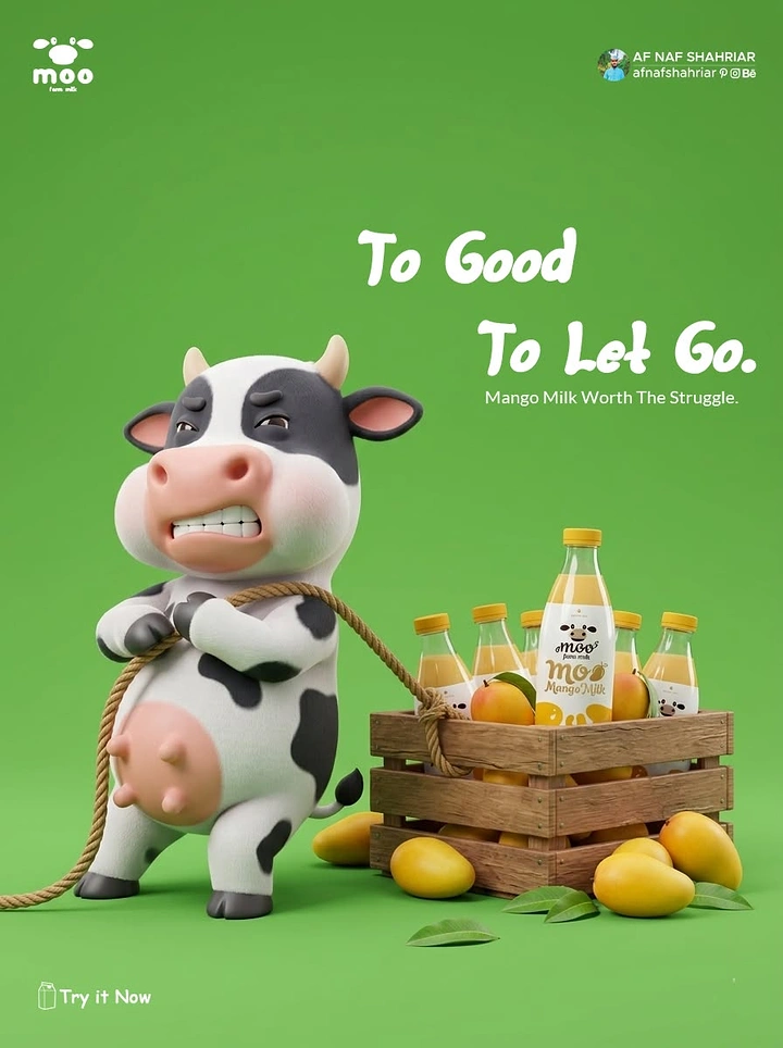 Dairy Brands creative ad: Cow tugging mango crate, witty copy