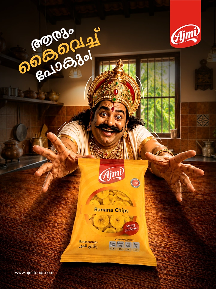 Onam creative ad: Mahabali figure reaching eagerly for a banana chips pack