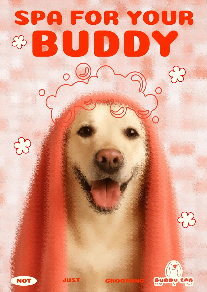 Pet Grooming creative ad: Towel-wrapped dog with doodled bubbles