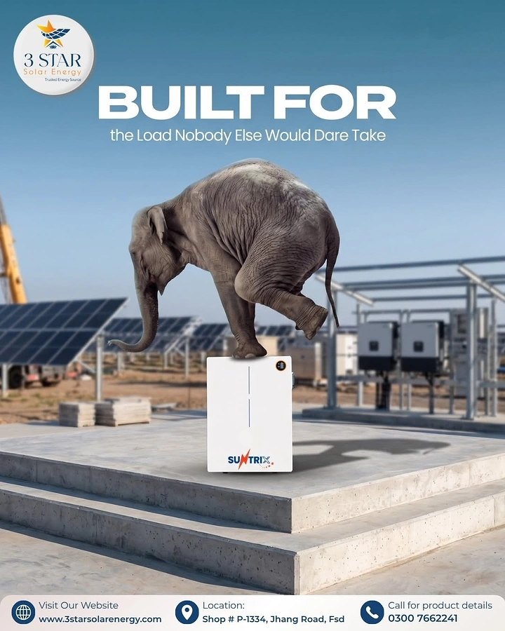 Batteries & Inverters creative ad: Elephant balancing on a white lithium battery at a solar farm