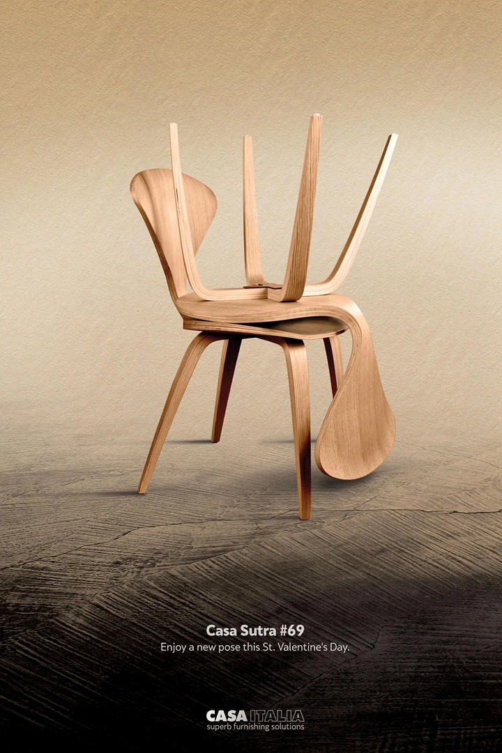 Valentine's Day creative ad: Two bentwood chairs stacked upside down in an embrace
