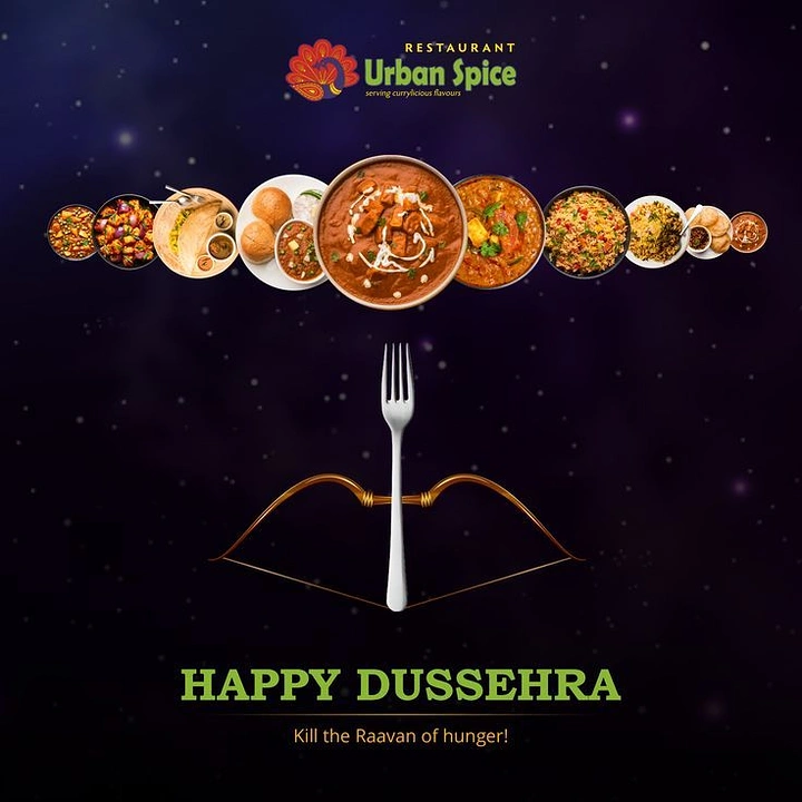 Dussehra creative ad: Fork nocked on a golden bow aimed at a row of Indian dishes