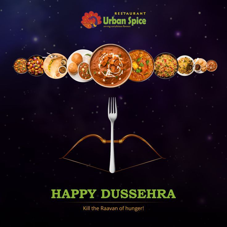 Fork nocked on a golden bow aimed at a row of Indian dishes