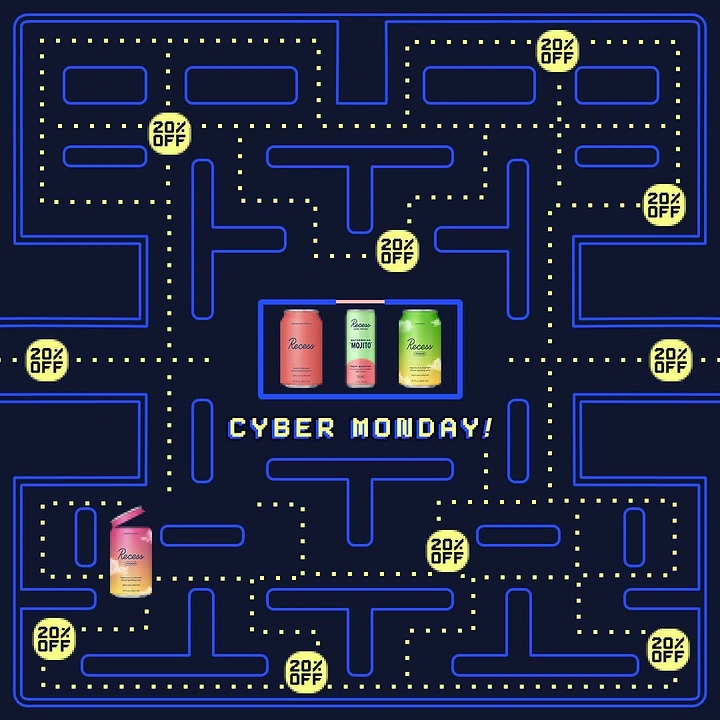 Cyber Monday creative ad: Arcade-maze game board with drink cans
