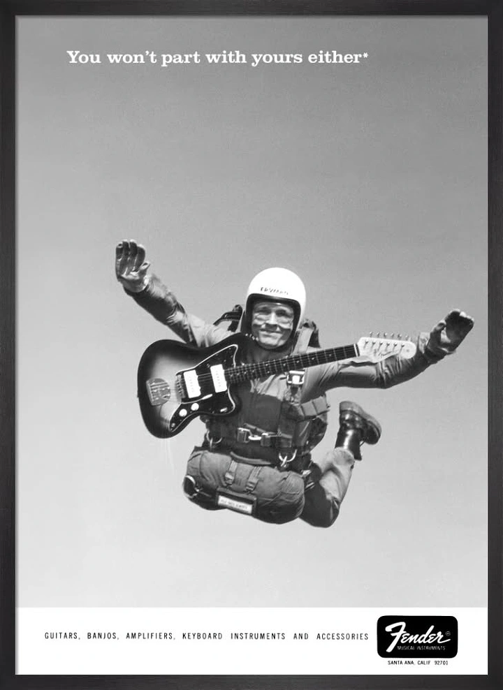 Musical Instrument Stores creative ad: A smiling skydiver floating through the air while playing an electric guitar