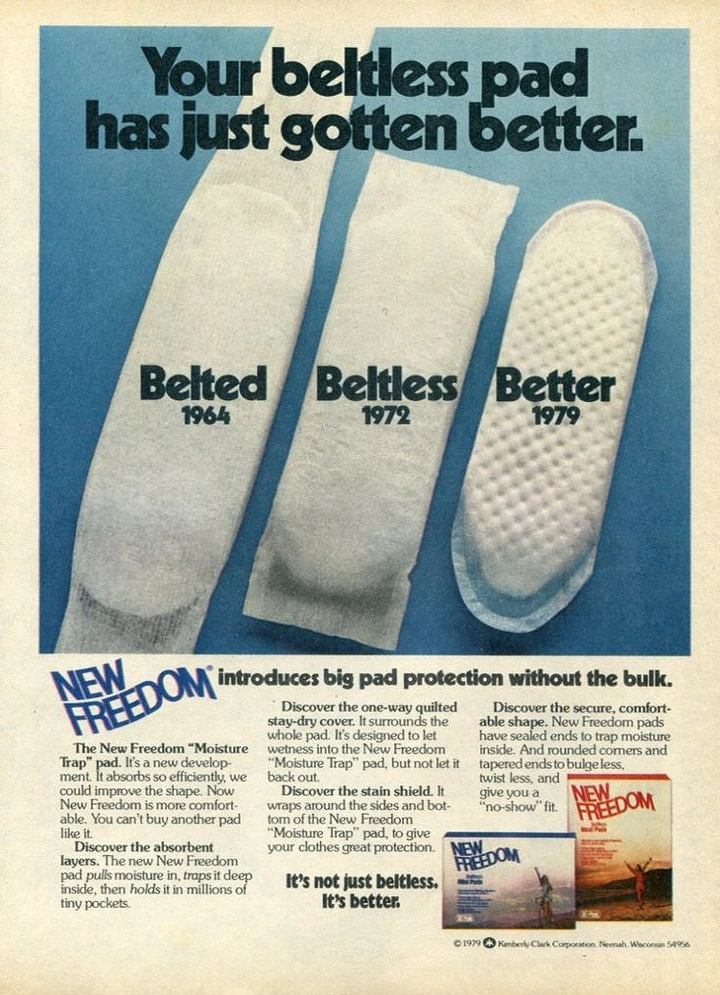 Period Care & Feminine Hygiene creative ad: Retro historical progression of pad design