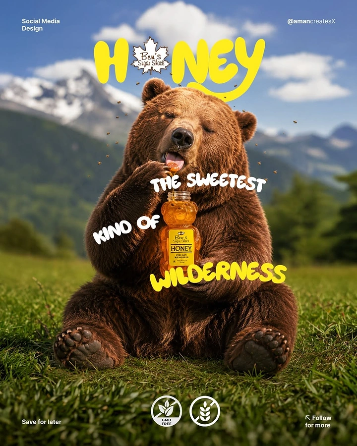 Honey Brands creative ad: Grizzly bear in a meadow licking honey from a bear-shaped bottle