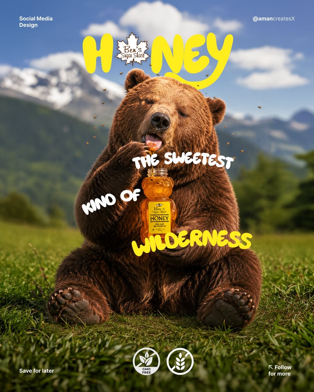 Instagram post: Grizzly bear in a meadow licking honey from a bear-shaped bottle