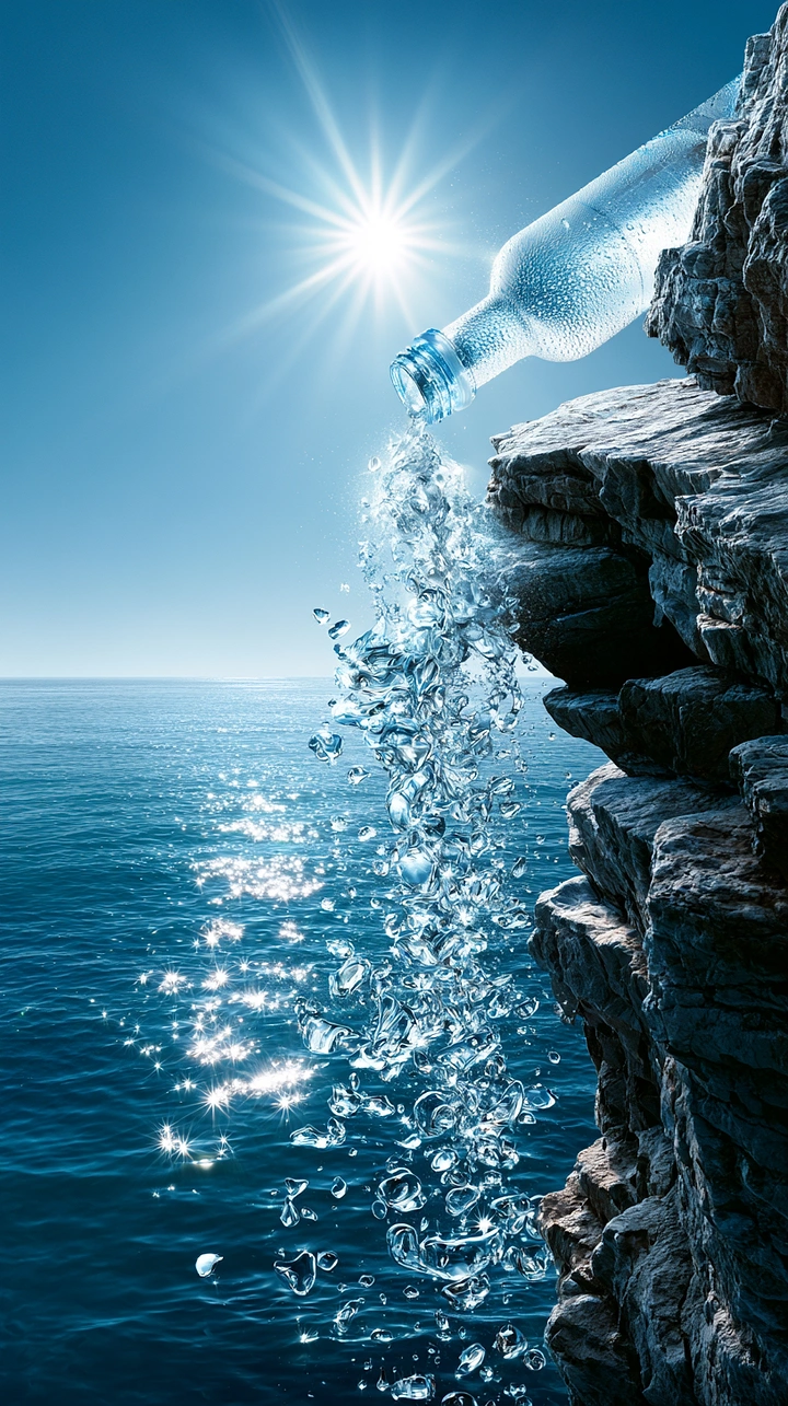 Packaged Drinking Water creative ad: Bottle pours dramatically from cliff