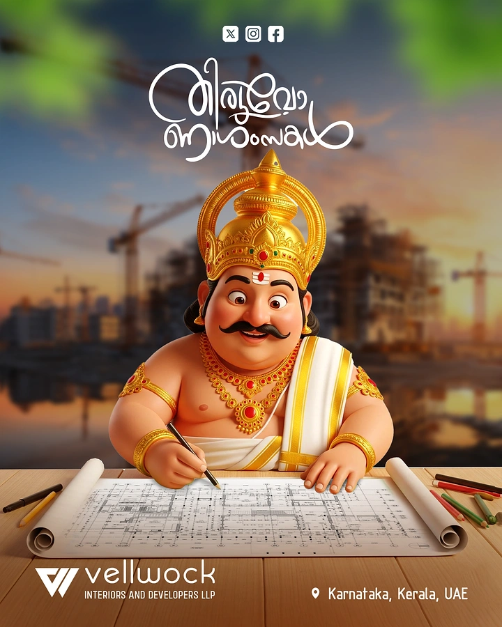 Onam creative ad: 3D cartoon Mahabali drafting a building blueprint
