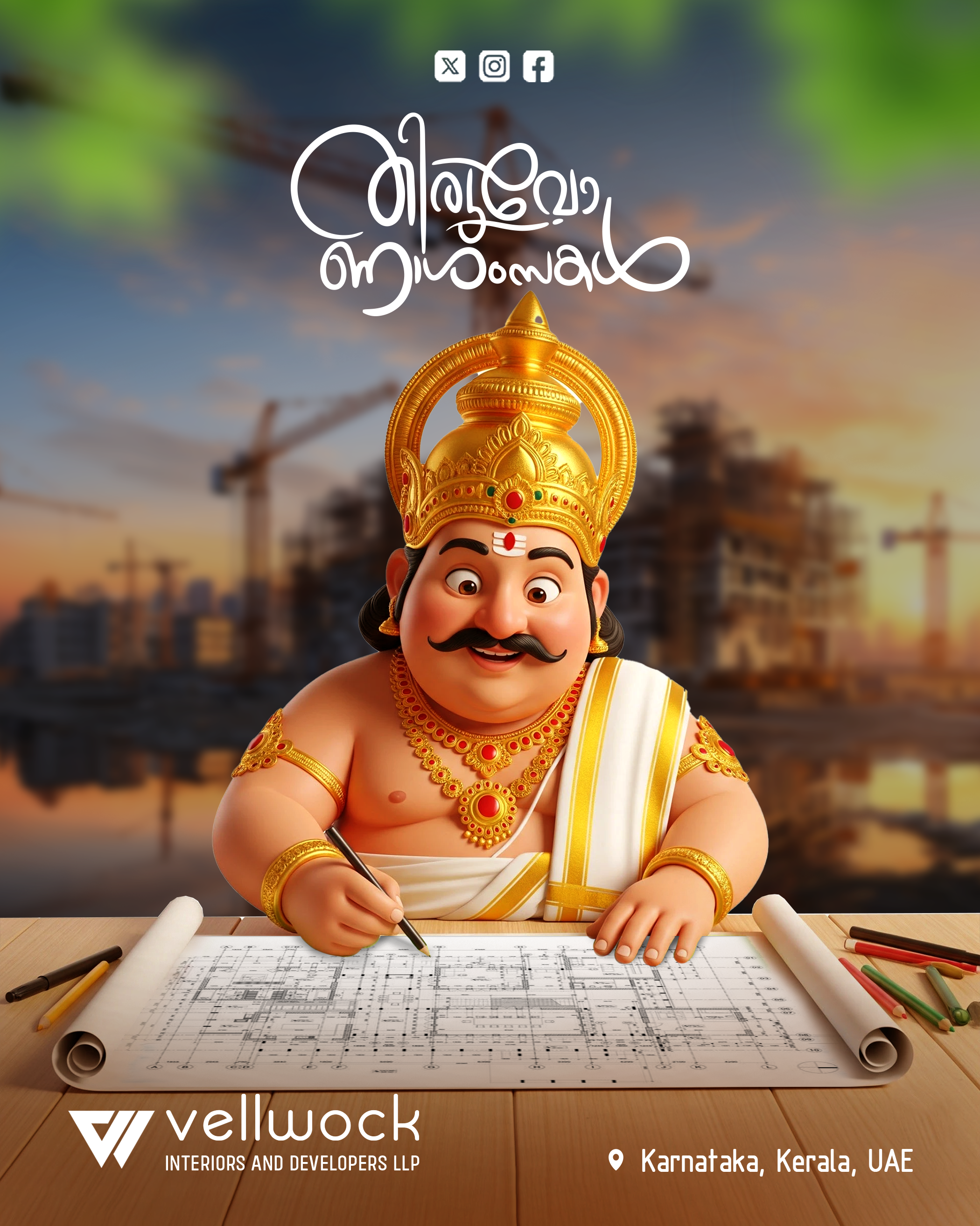 3D cartoon Mahabali drafting a building blueprint