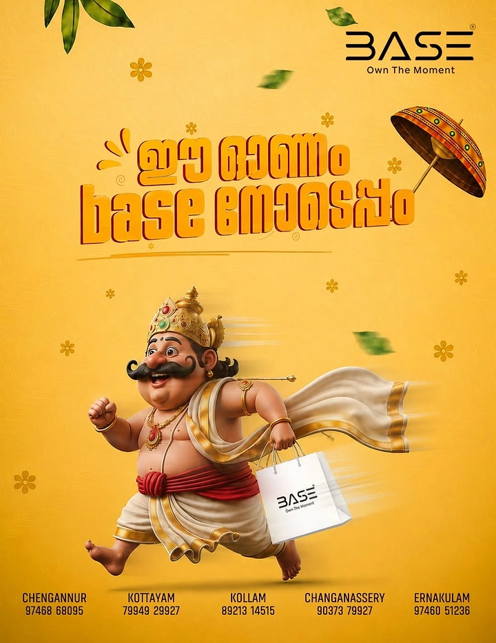 Onam creative ad: 3D Mahabali running with a branded shopping bag
