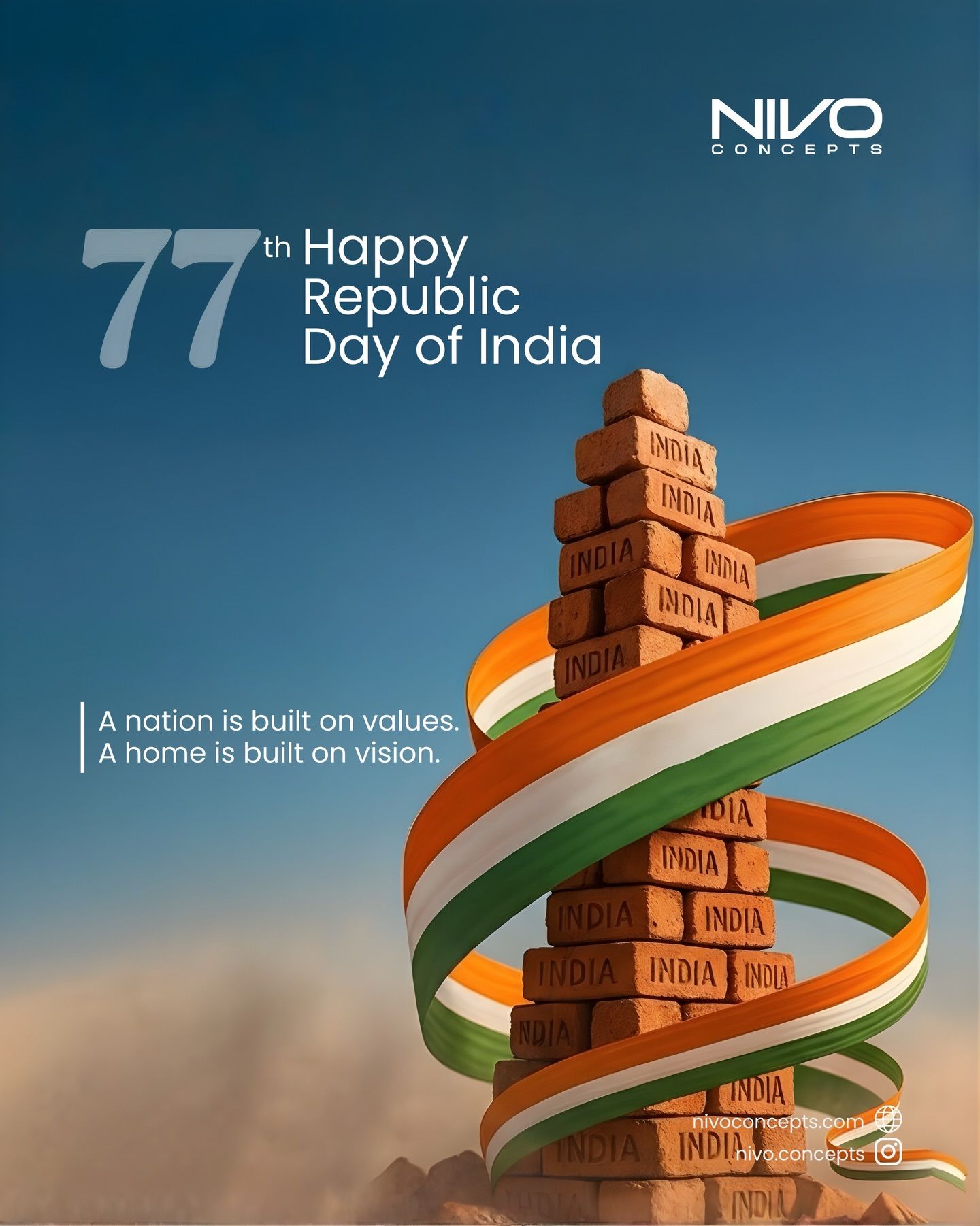 Tower of bricks stamped INDIA wrapped in a tricolour ribbon