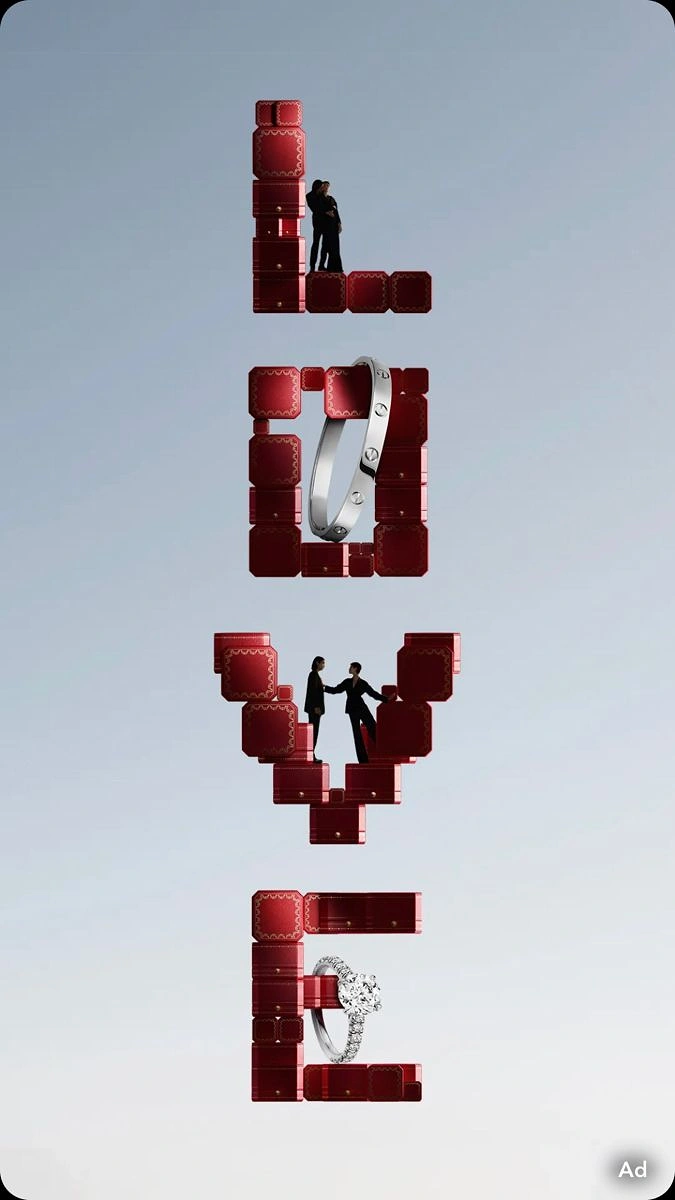 Valentine's Day creative ad: Word LOVE built from red jewelry boxes with rings and tiny couples