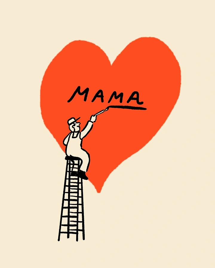 Mother's Day creative ad: Tiny painter on a ladder hand-lettering MAMA on a giant red heart