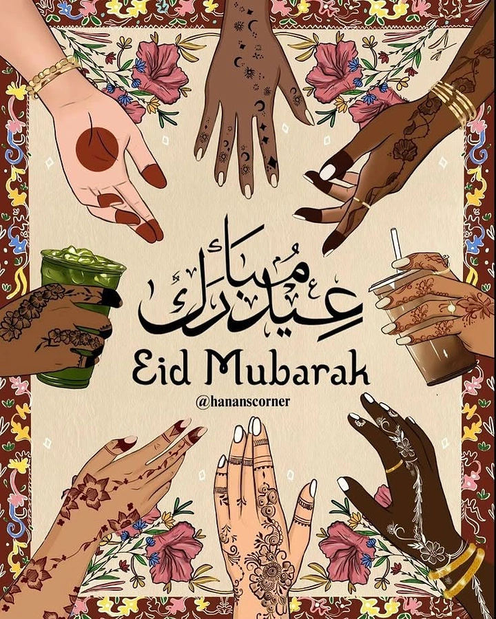 Eid creative ad: Diverse hennaed hands reaching toward a central Eid greeting