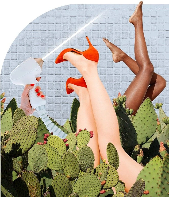 Skin & Cosmetic Clinics creative ad: Two pairs of smooth legs kicking up from prickly-pear cacti while a hand aims a laser device