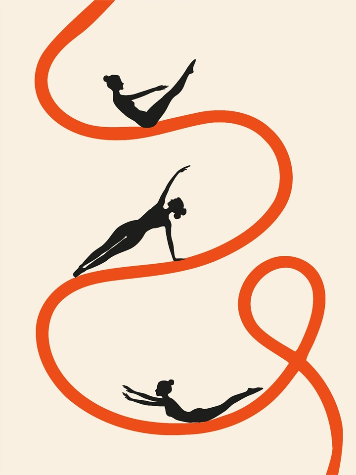 Pilates Studios creative ad: Three black pilates silhouettes posed along a winding orange ribbon