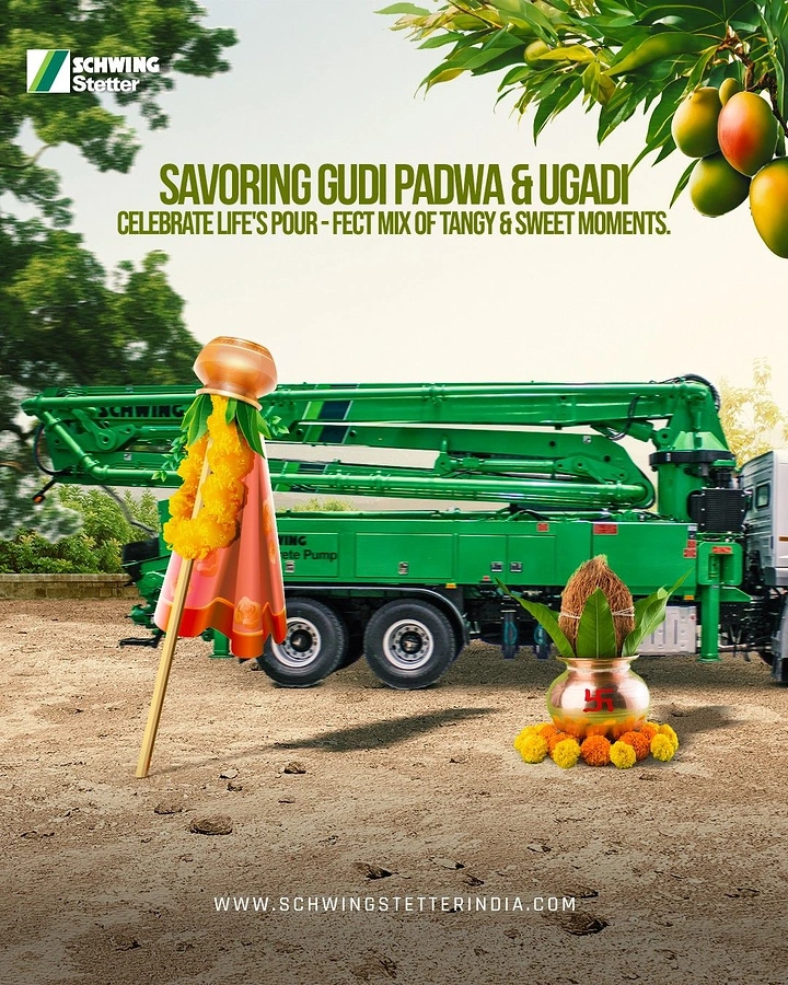 other-festival creative ad: Green truck-mounted concrete pump with a gudi and kalash on a dirt site