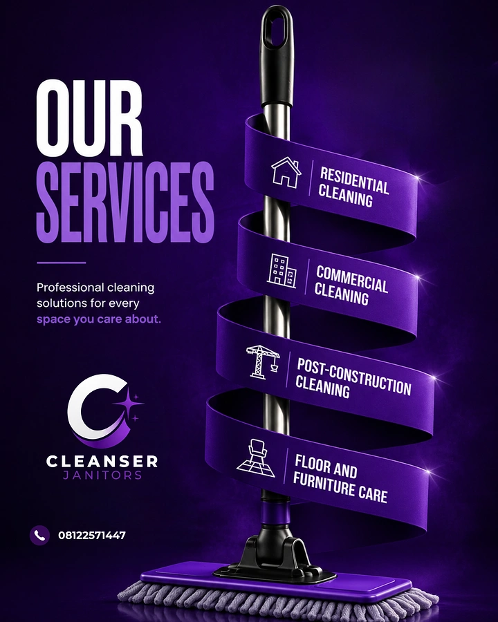 Cleaning Services creative ad: Mop handle wrapped in service ribbon list