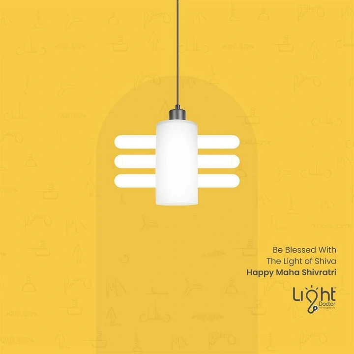 other-festival creative ad: White cylindrical pendant lamp forming a shivling with three horizontal tripundra bars