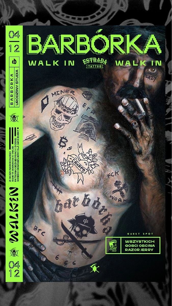 Tattoo Studios creative ad: Flash tattoos as poster copy, bold walk-in
