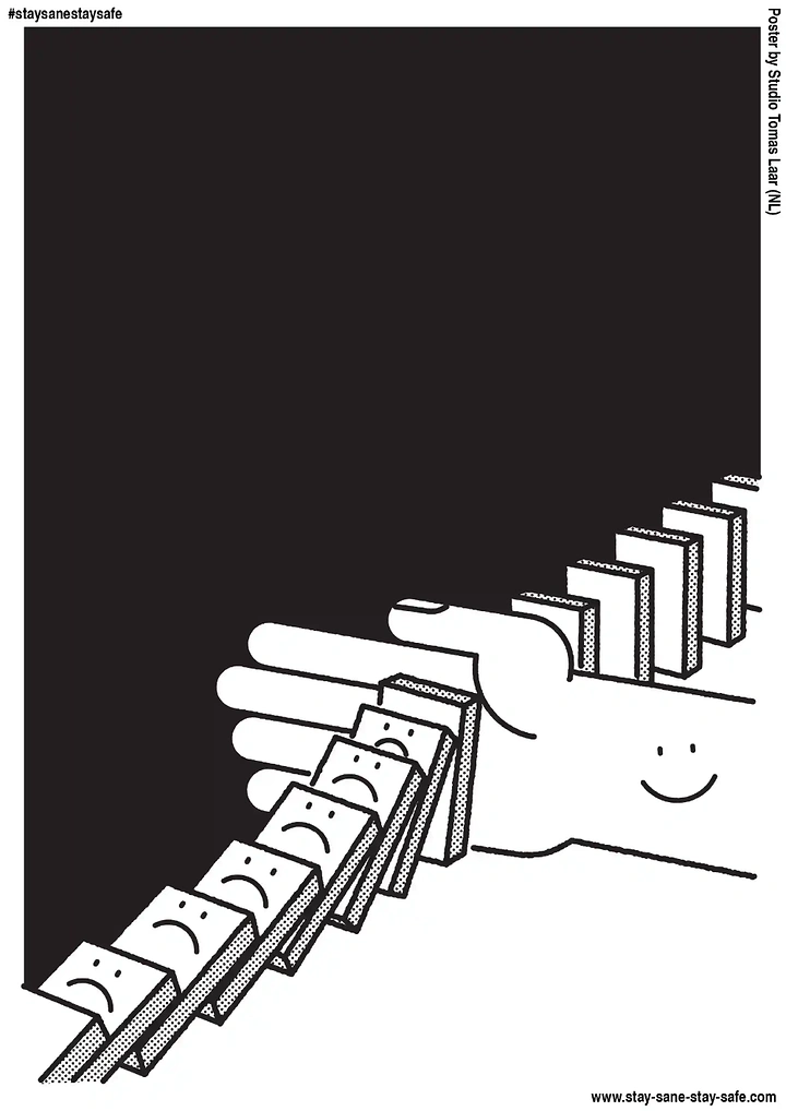 Nonprofit & Social Cause creative ad: Hand with a smiley face stopping a chain of falling sad-face dominoes