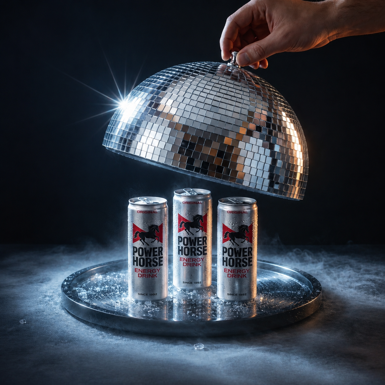 Instagram post: Energy cans staged as disco centerpiece