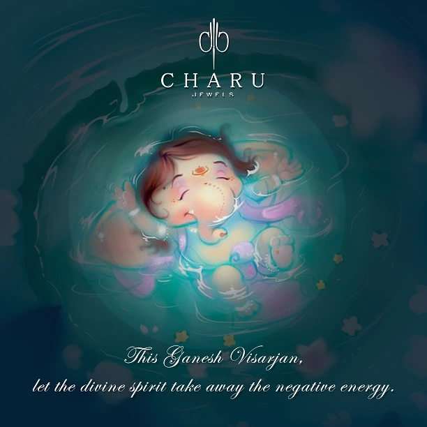 Ganesh Chaturthi creative ad: Baby Ganesha floating peacefully in glowing teal water