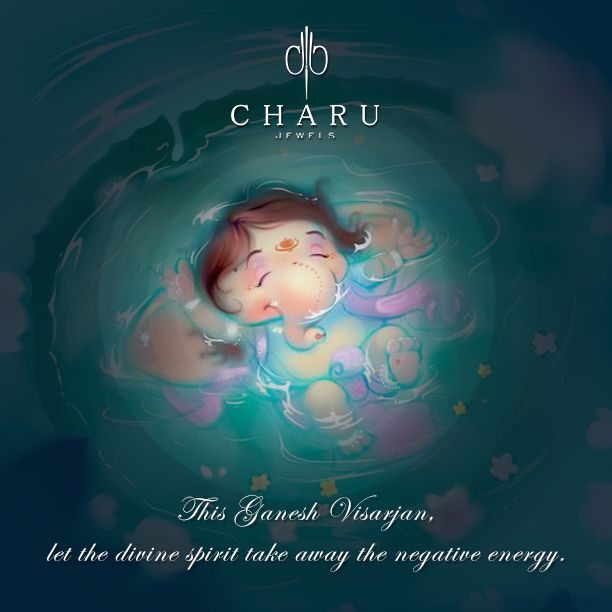 Baby Ganesha floating peacefully in glowing teal water
