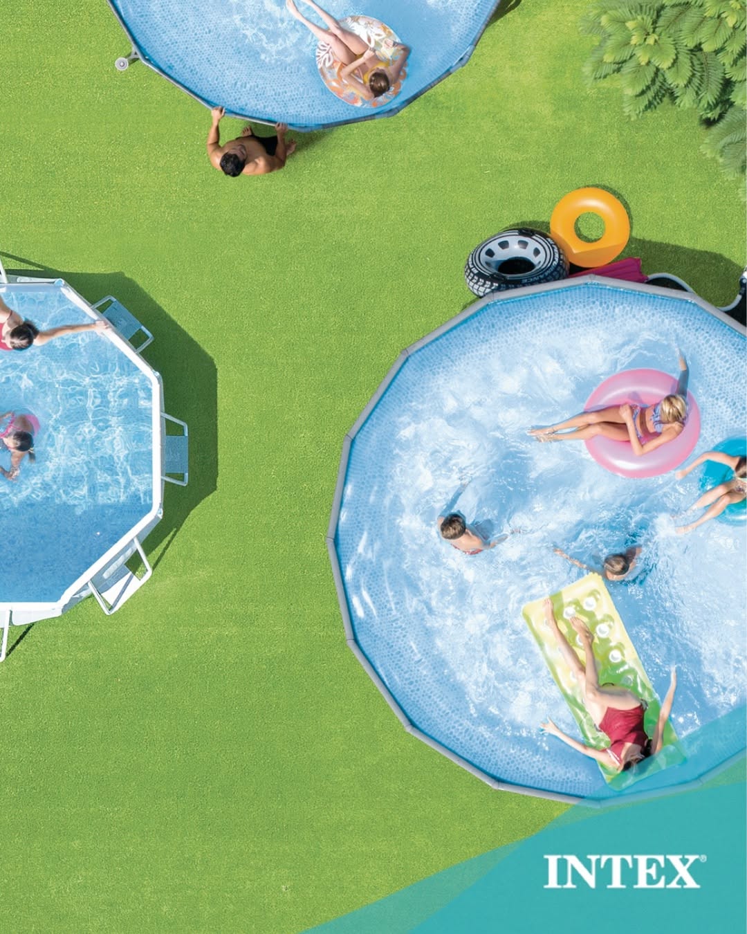 Instagram post: Playful overhead pool-world composition