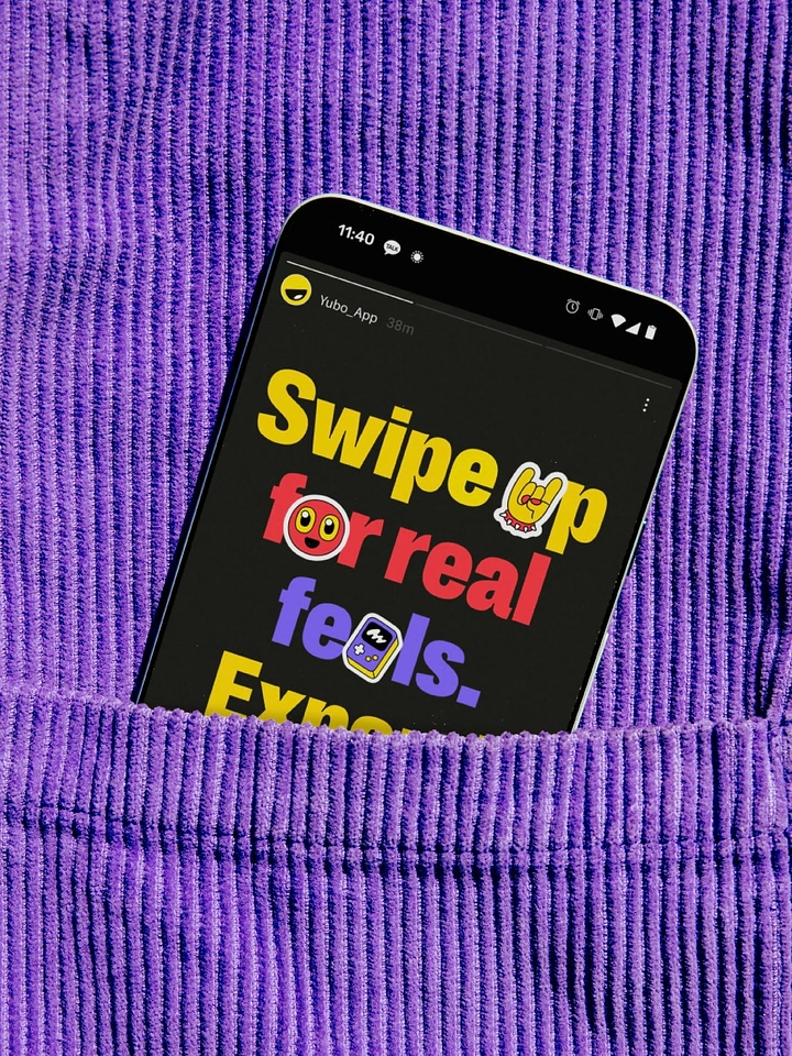 Creative ad: Smartphone tucked into a purple corduroy pocket showing a sticker-laden story screen