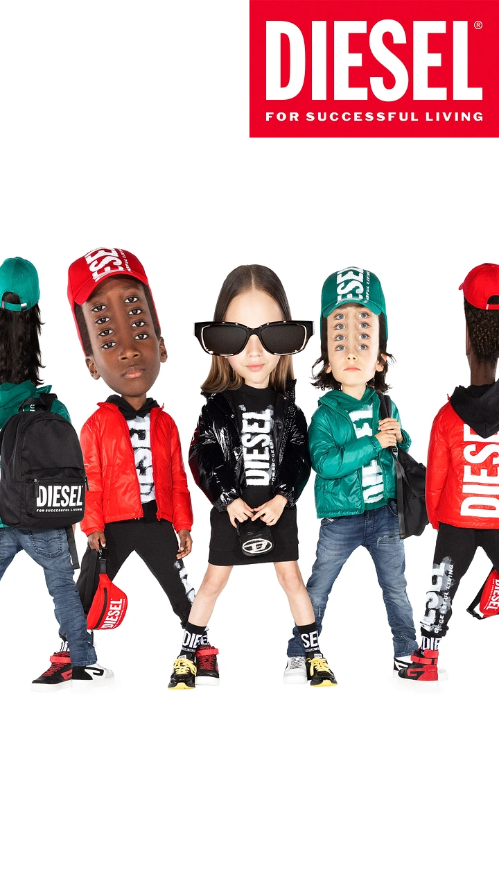 Kids Clothing creative ad: Bobblehead kids in Diesel gear
